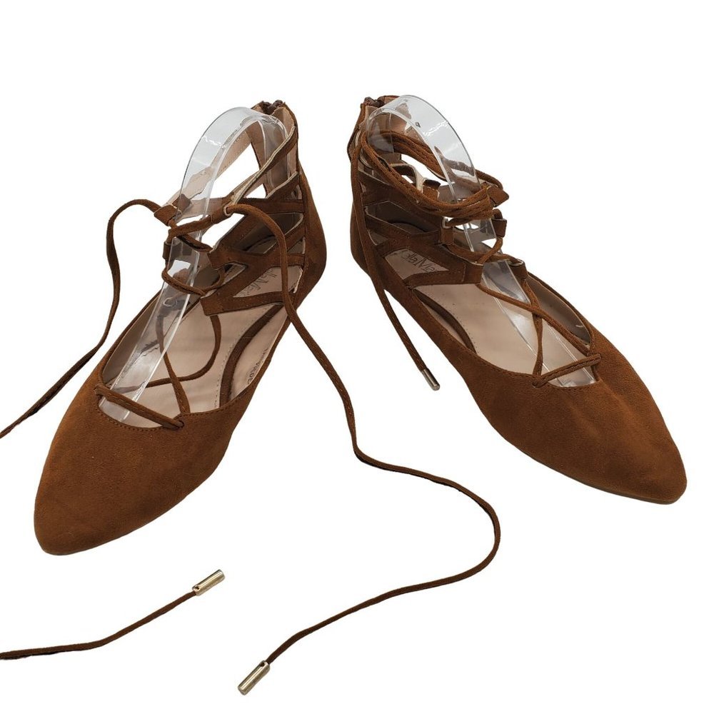 BELLA Marie Angie Brown Suede Tie Up Back Zip Ankle Strap Flat Sandals Size 8.5M